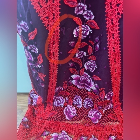 Marchesa Notte Wine Floral Lace Gown - Picture 5 of 16